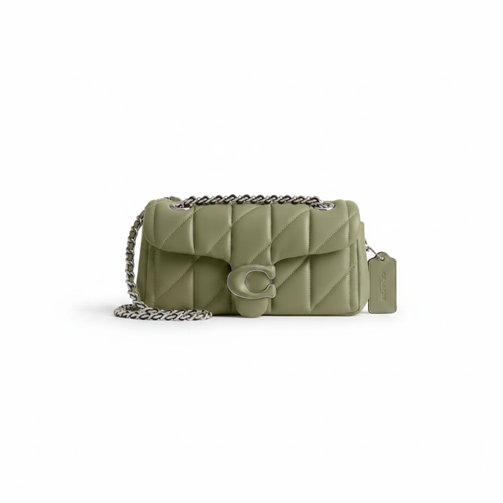 Coach Tabby Quilted Shoulder Bag in Sage Green with Silver C Clasp and Silver Chain Strap