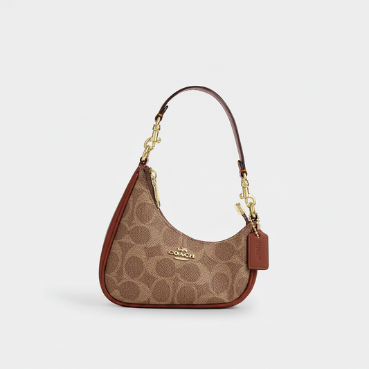 Coach Teri Shoulder Bag in Signature Canvas Tan/Rust with Gold Hardware
