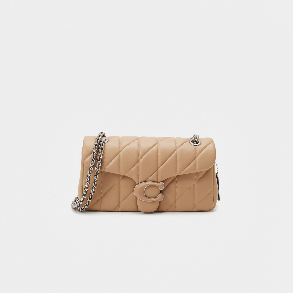 Coach Tabby Quilted Shoulder Bag in Sand Camel with Silver C Clasp and Silver Chain Strap