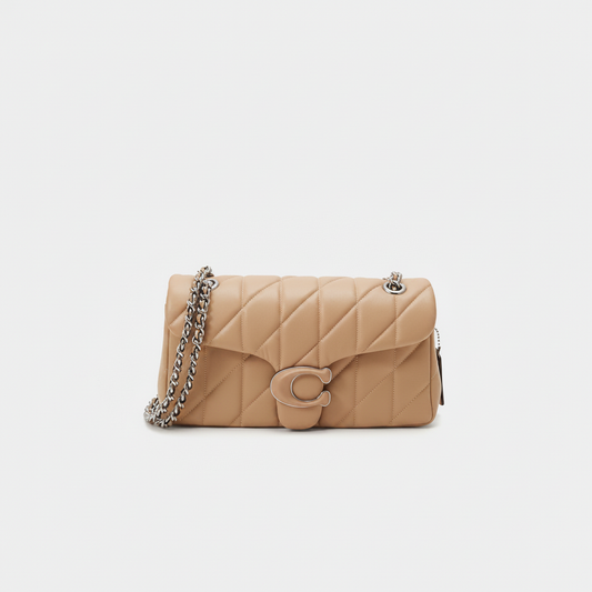 Coach Tabby Quilted Shoulder Bag in Sand Camel with Silver C Clasp and Silver Chain Strap