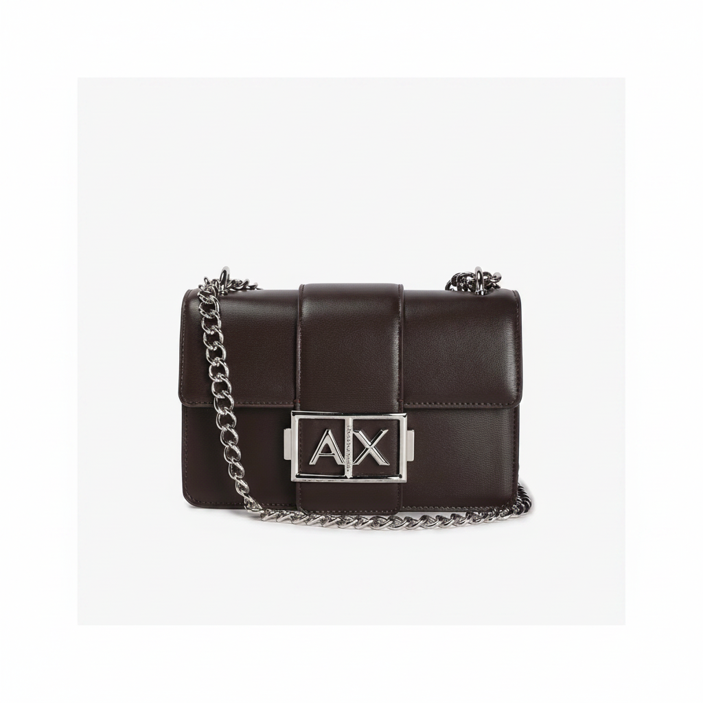 A|X Armani Exchange AX Buckle Chain Shoulder Bag in Dark Brown â€“ Silver Hardware