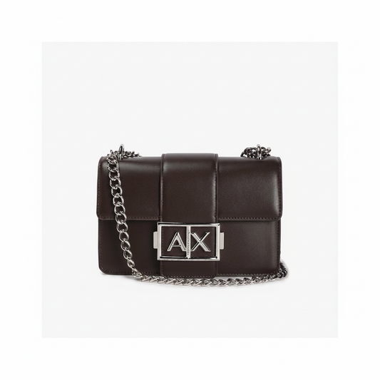 A|X Armani Exchange AX Buckle Chain Shoulder Bag in Dark Brown â€“ Silver Hardware