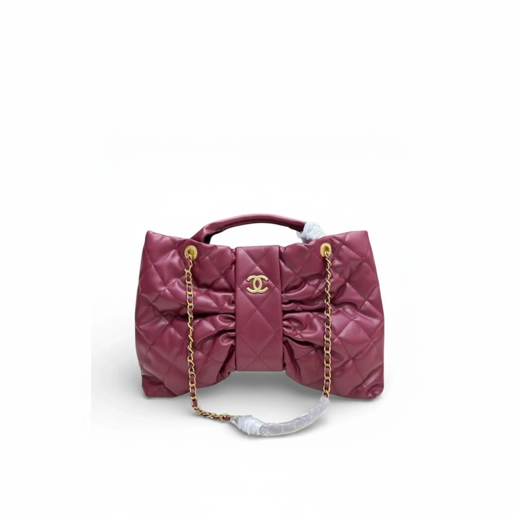 Chanel Bow Quilted Bag in Dark Rose Mauve Lambskin with Gold CC Logo and Gold Chain Straps