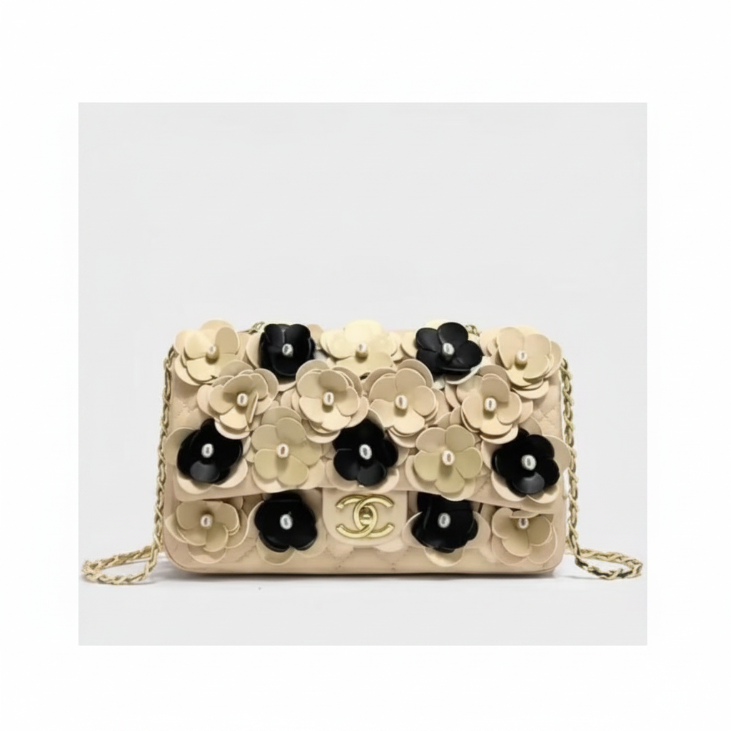 Chanel Camellia Flap Bag – Cream & Black Lambskin with Pearl Detail