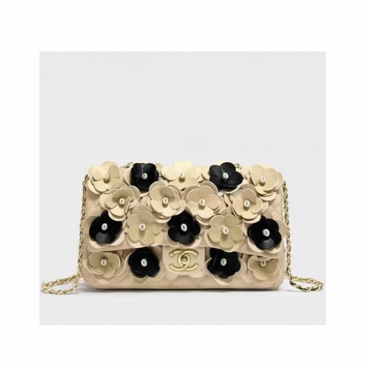 Chanel Camellia Flap Bag – Cream & Black Lambskin with Pearl Detail